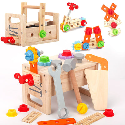 Wooden toy tool box for children, 29 pieces tool children wooden construction kit, DIY tool box