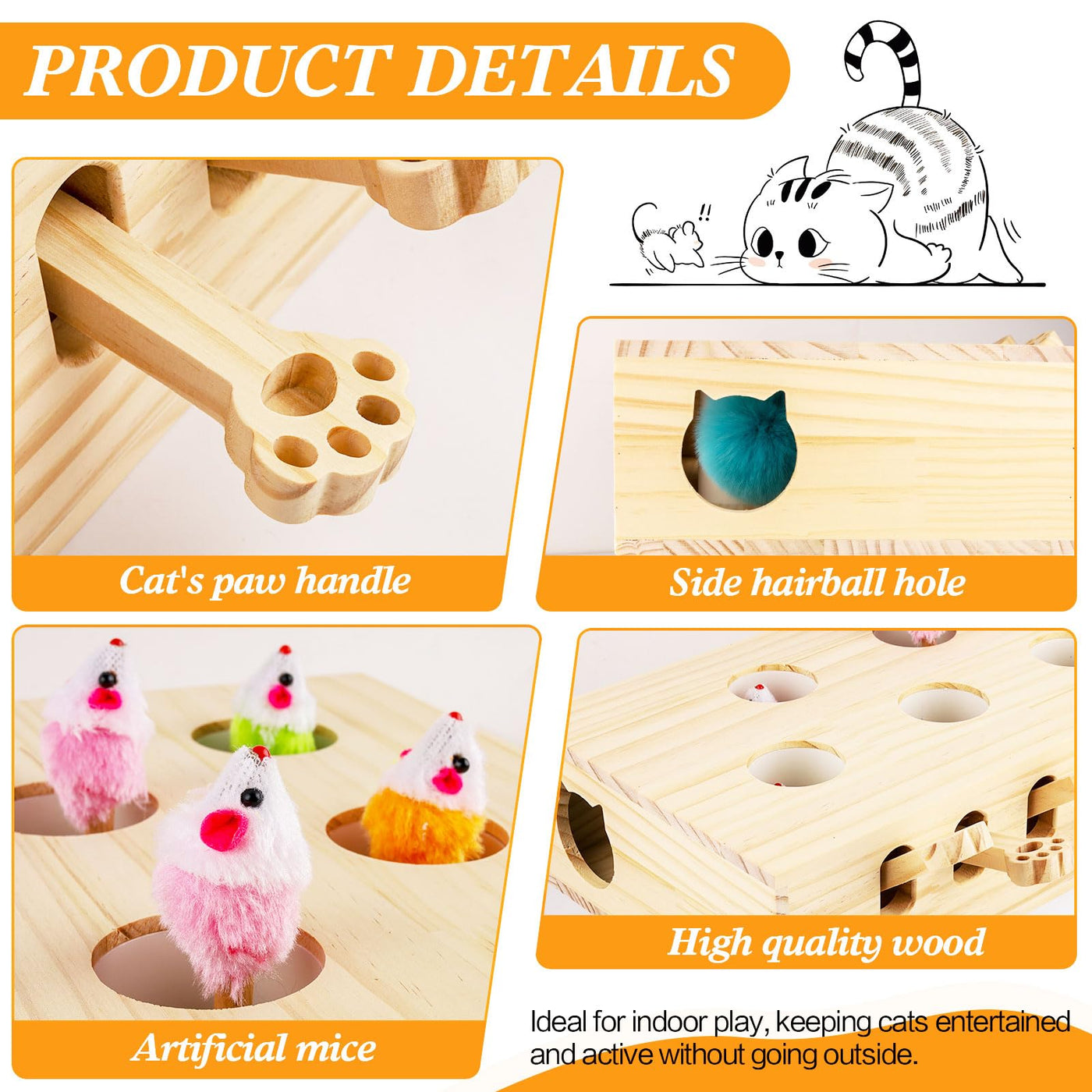 Jouet Interactif pour Chat, Jouet en Bois, Souris Taupe, Boîte de Puzzle avec Jouets pour Chats, Chasse, Jeu, Exercice, Grattage, 5 trous, Parfait pour l'exercice en intérieur et le plaisir