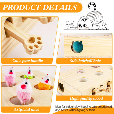 Jouet Interactif pour Chat, Jouet en Bois, Souris Taupe, Boîte de Puzzle avec Jouets pour Chats, Chasse, Jeu, Exercice, Grattage, 5 trous, Parfait pour l'exercice en intérieur et le plaisir
