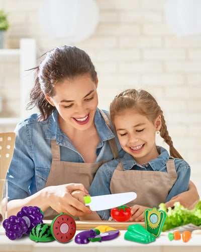 Spielküchenzubehör, Kinderküchenzubehör, Plastikobst zum Schneiden, verschiedene Obst- und Gemüsesorten, Teller, Schneidebretter