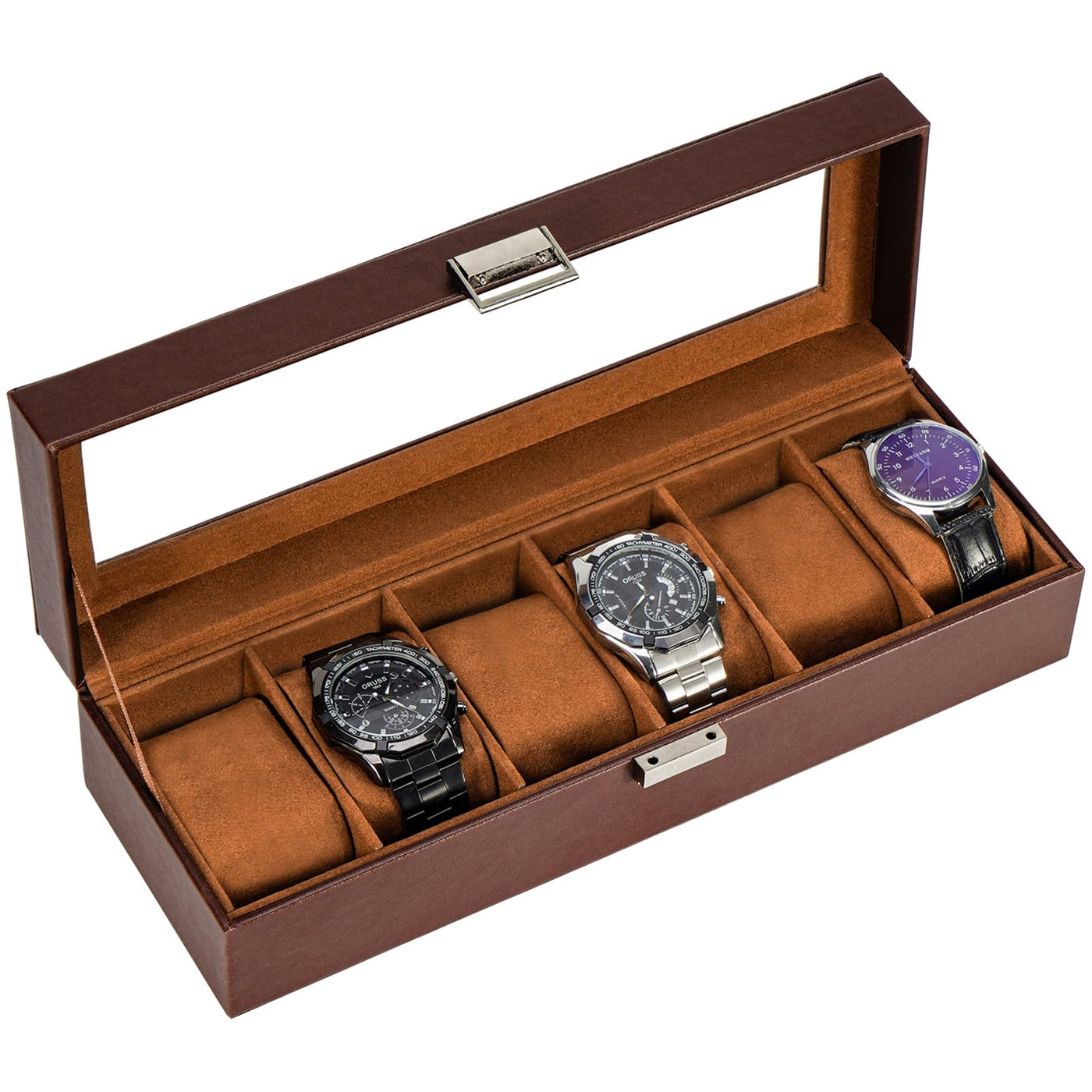Boîte à montres avec 6 compartiments, boîte à montres avec couvercle en verre, boîte à montres avec coussin pour montres, rangement pour montres