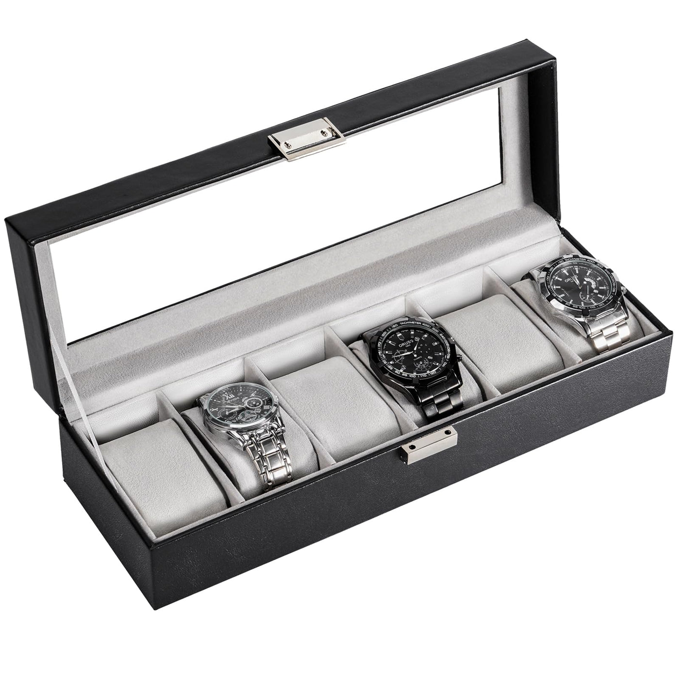 Boîte à montres avec 6 compartiments, boîte à montres avec couvercle en verre, boîte à montres avec coussin pour montres, rangement pour montres