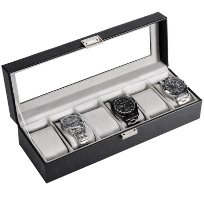 Boîte à montres avec 6 compartiments, boîte à montres avec couvercle en verre, boîte à montres avec coussin pour montres, rangement pour montres