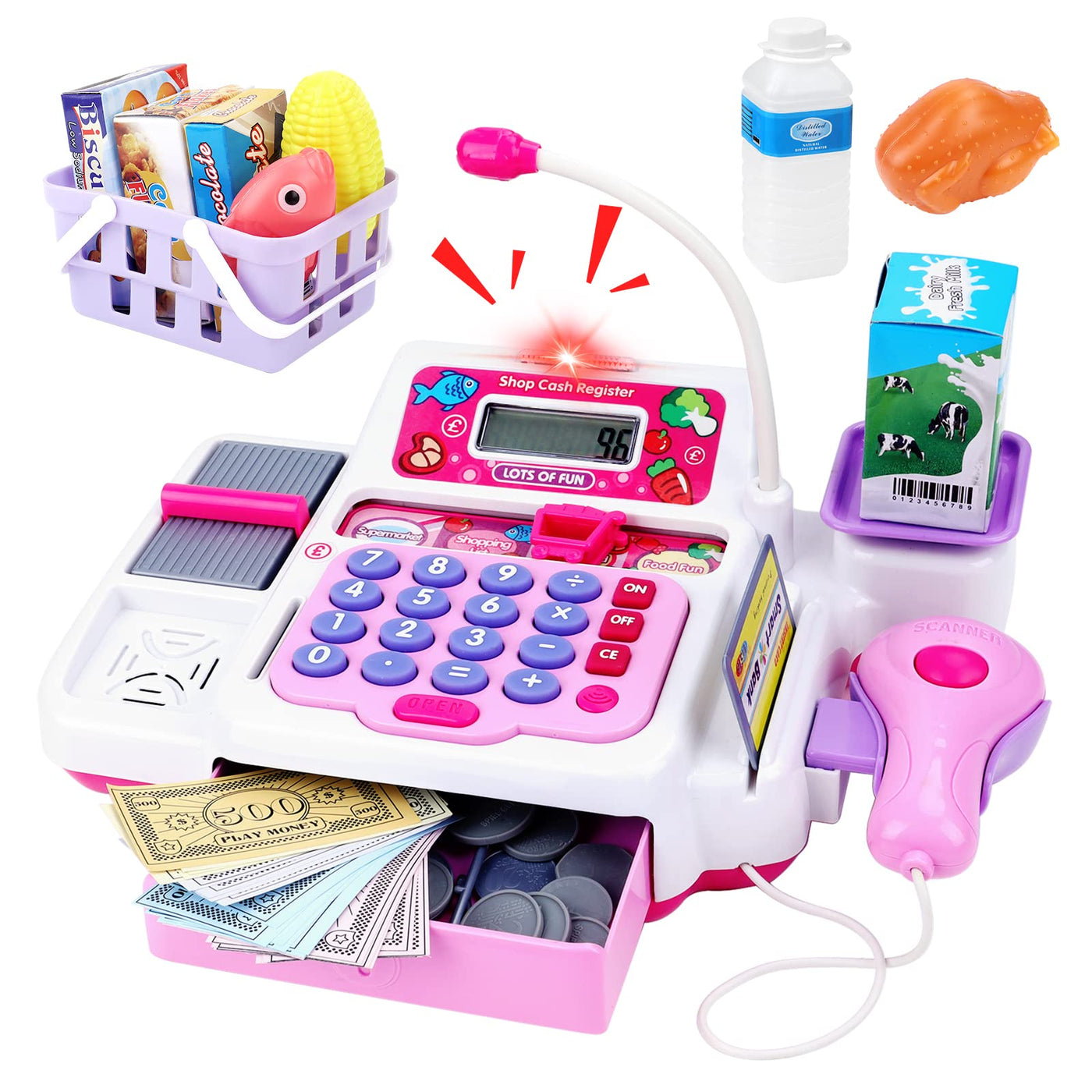 Supermarket store with cash register, scanner, dummy credit card, toy groceries and shopping basket