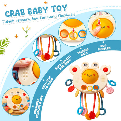 5 in 1 baby toy, crab baby toy, tissue box, stacking toy, squeeze balls, teething ring