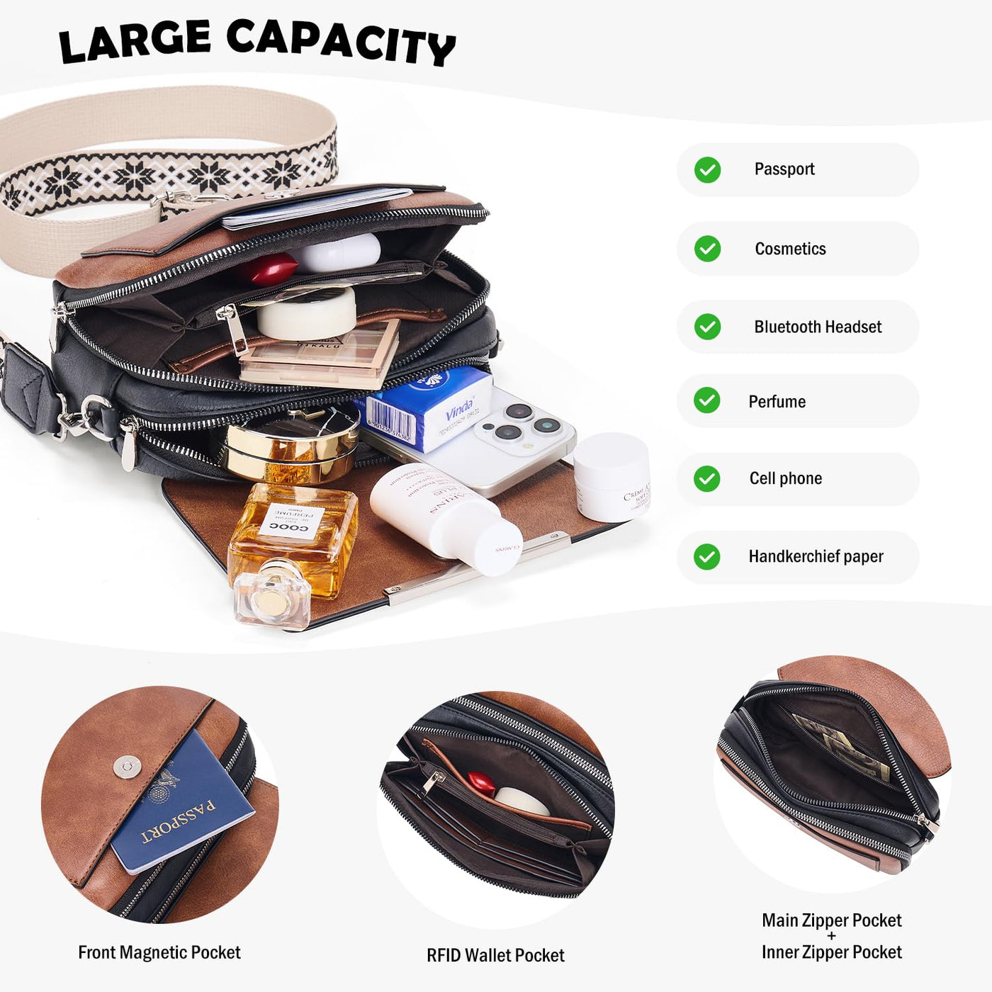 Handy Umhängetasche, Vegan Leder Crossbody Bag Umhängetasche mit verstellbarem abnehmbarem breitem Riemen