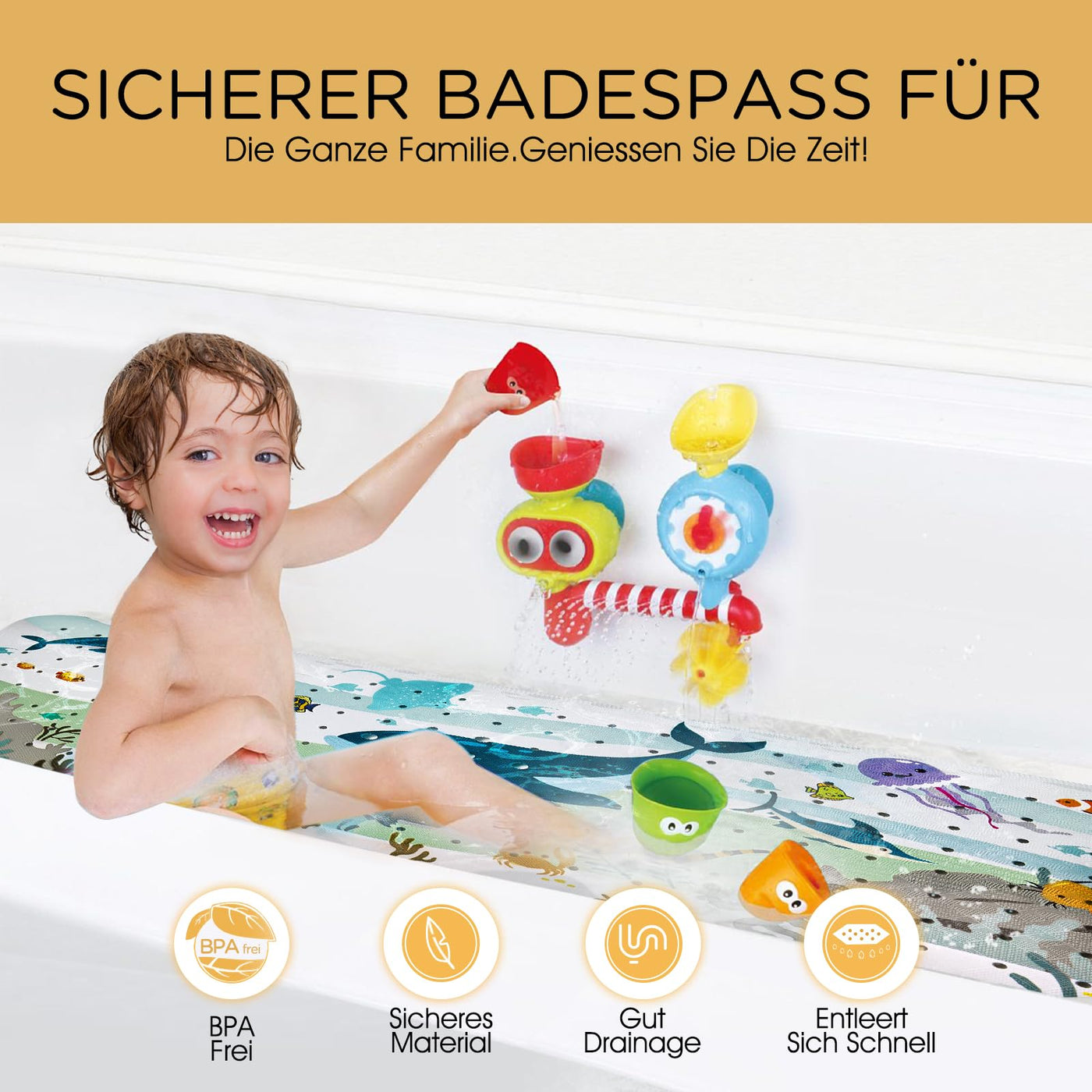 Tapis de bain antidérapant Children，free Contient 2 crochets de suspension et une crépine en silicone