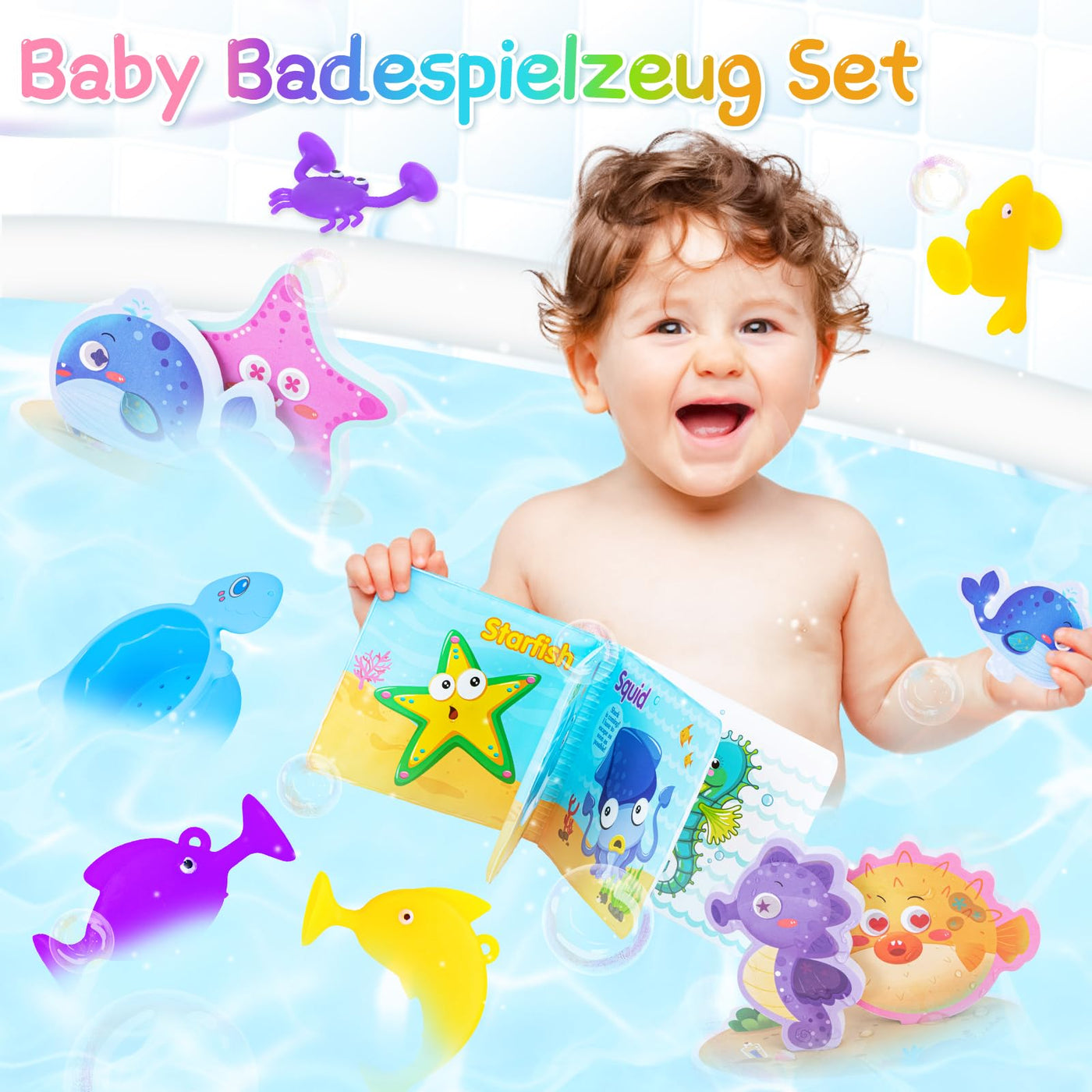 Jouets de bain Livre de bain, autocollants flottants pour l'heure du bain, gobelet empilable non étanche, jouets à ventouse, set de jouets de bain éducatif avec filet de rangement pour jouets de bain