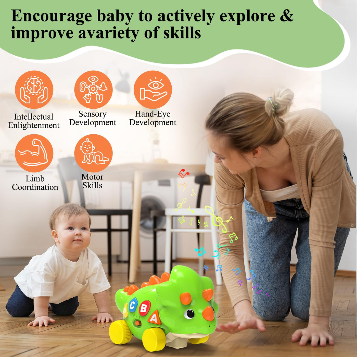 Jouet à ramper Dino avec lumière et musique, jouet musical pour enfants avec évitement automatique des obstacles