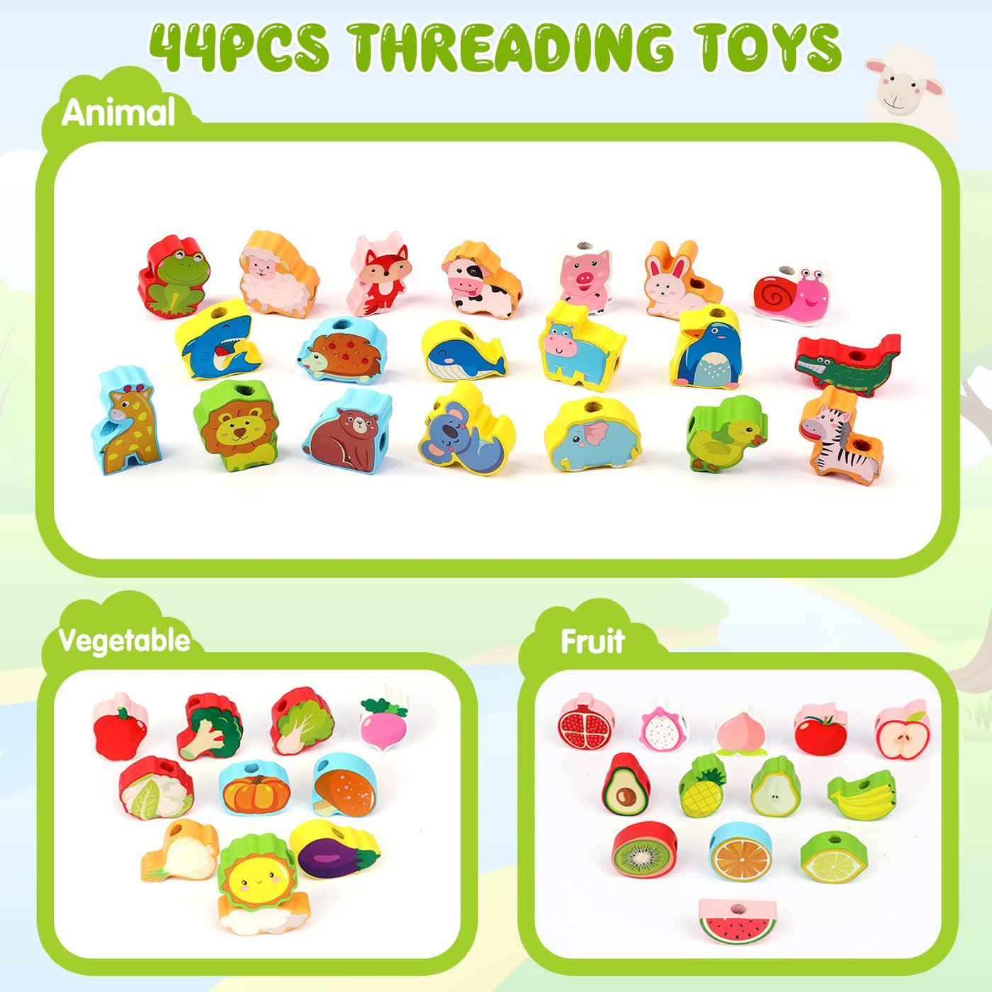 44 pieces wooden toy motor skills toy animal vegetable fruit wooden beads threading educational learning toy