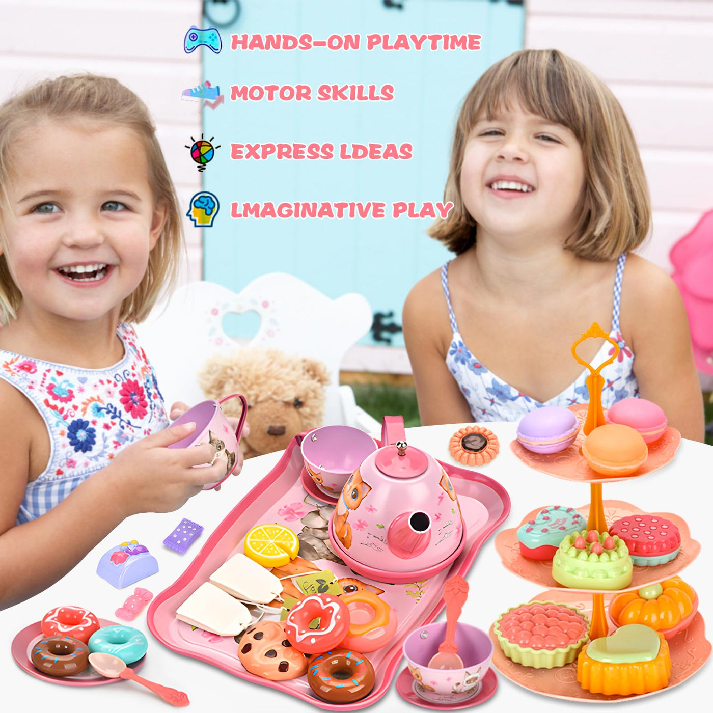 50-piece tea set children, tea set children with kitten suitcase, tea party role play toy for small tea set with dessert