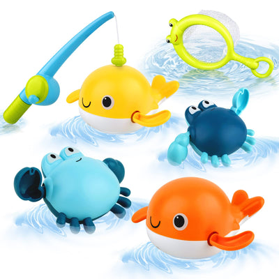 Bath toy, fishing game with 4 pieces of wind-up bath toy, fishing net, floating pool bathtub toy