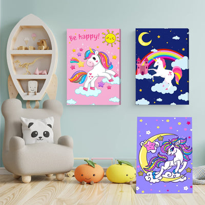 Paint by Numbers Kids Unicorn, Colorful Unicorn World, Girls Paint by Numbers craft set with brushes and acrylic paints