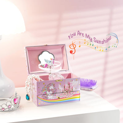 Boîte à musique pour enfants boîte à bijoux avec boîte à musique licorne et fleurs préservées, boîte à bijoux avec mélodie