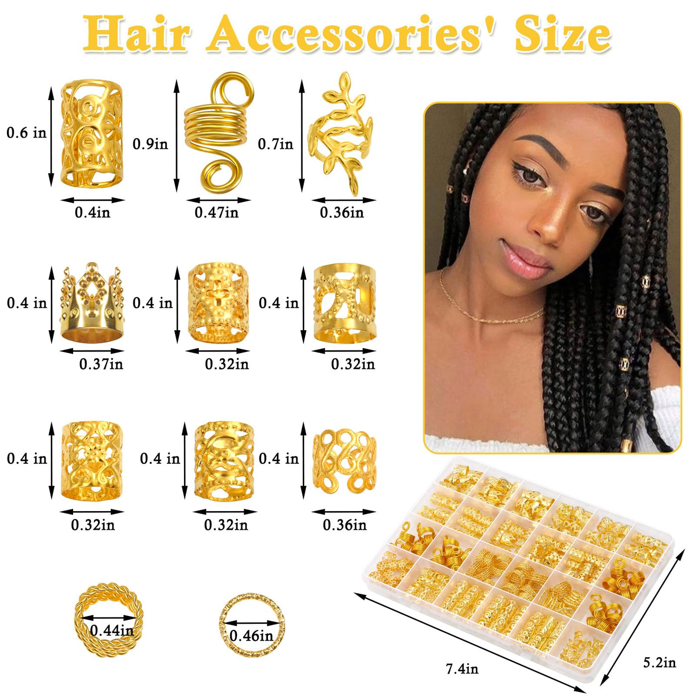 220 Pièces Accessoires pour Cheveux en Or pour Tresses, Bijoux Loc pour Cheveux Dreadlock Breloques pour Cheveux pour Femmes, Tresses en Métal Doré, Bagues, Pinces de Manchette pour Accessoires Dreadlock, Tresses pour Cheveux