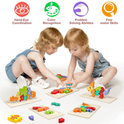 6 piece dinosaur wooden puzzle for children learning educational baby puzzle