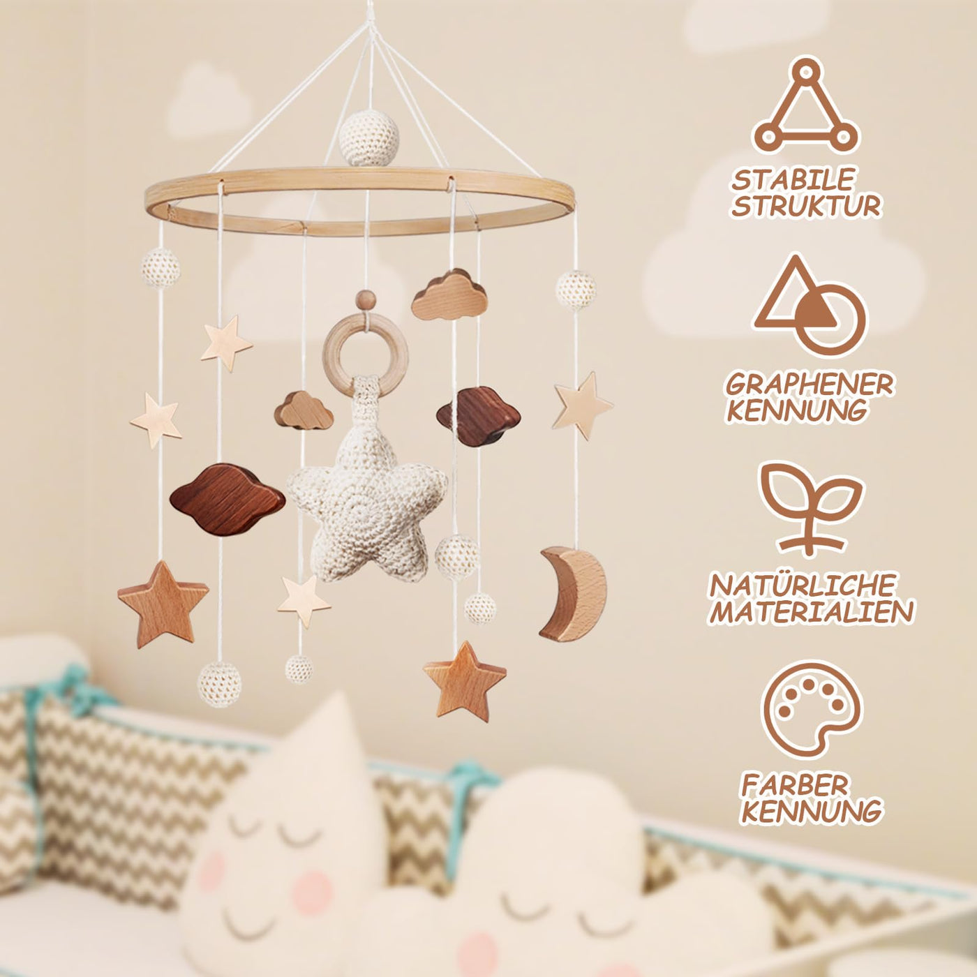 Mobile Babybettchen Bettchen Glocke Windspiel Baby mit Wolken Sterne