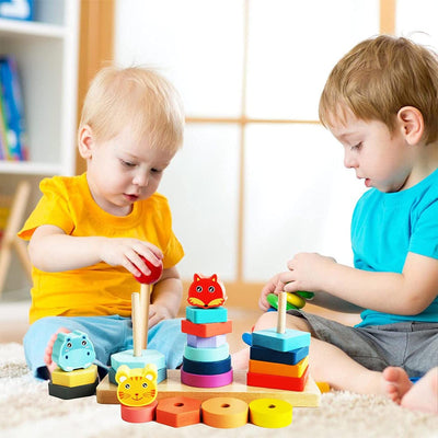 Three-column tower Wooden shape Sorting toy Educational sensory matching building blocks