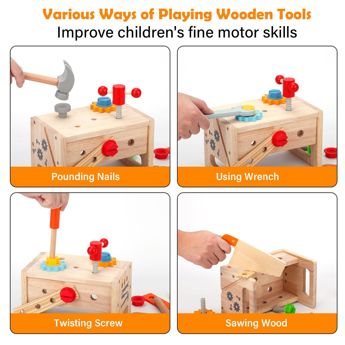 Wooden toy tool box for children, 29 pieces tool children wooden construction kit, DIY tool box