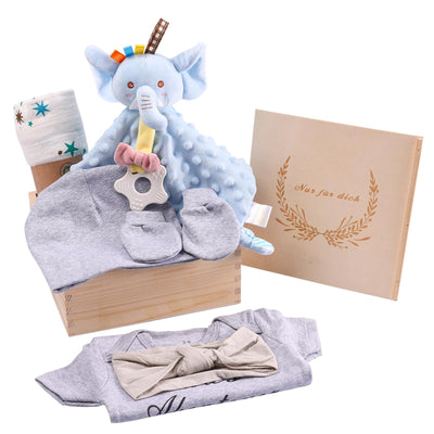 Coffret pour bébé, ensemble 7 en 1 : comprenant une grenouillère, une couverture, une couverture de sécurité, un bonnet pour bébé, des gants pour bébé, un noeud