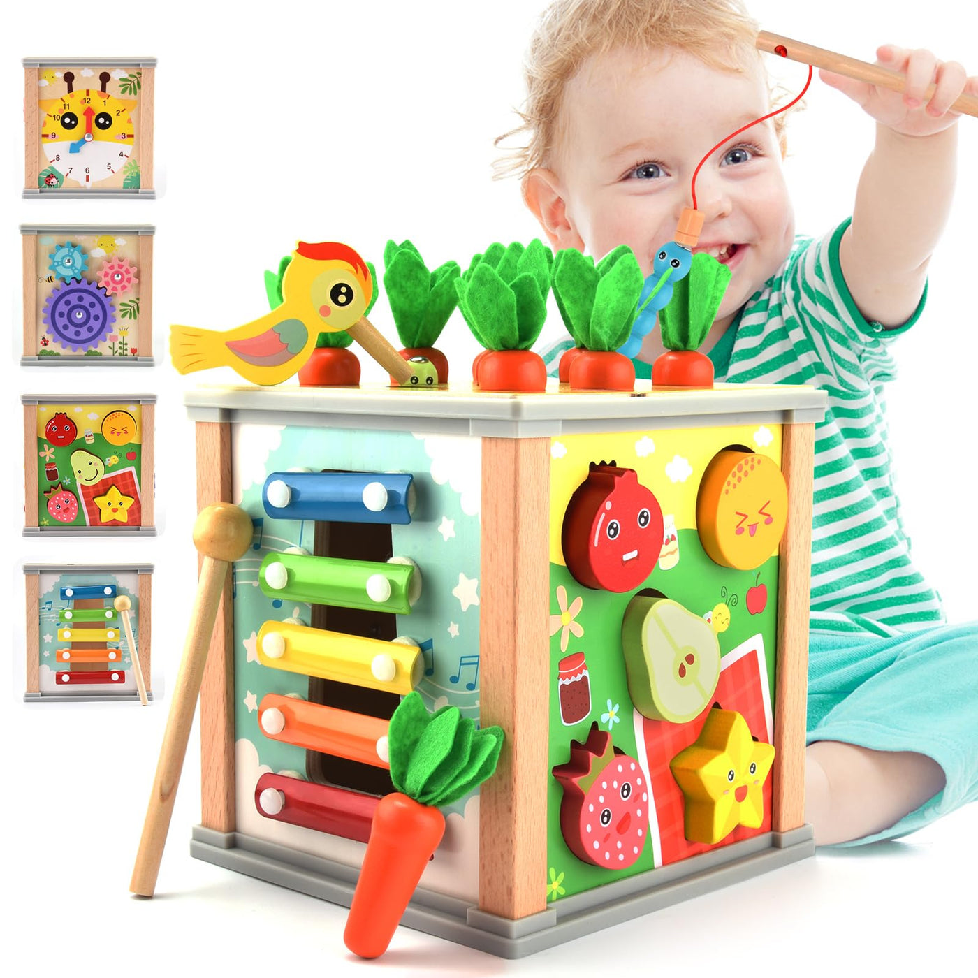 6 in 1 wooden activity cube, activity center baby, activity toy wooden motor skills toy