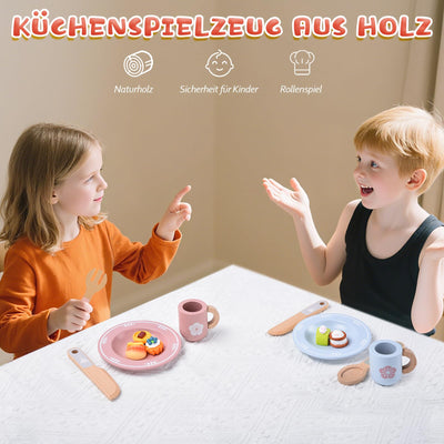 Service à Thé Accessoires De Cuisine Pour Enfants En Bois, 30 Pièces Service à Thé Accessoires de Cuisine pour Enfants en Bois avec Petits Gâteaux et Pâtisseries, Service à Thé