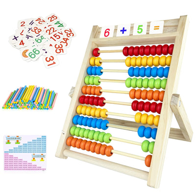 Slide rule arithmetic frame, children's elementary school abacus for counting and calculating, wooden slide rule with 100 beads, 100 counting sticks, number alphabet cards, educational toy for children