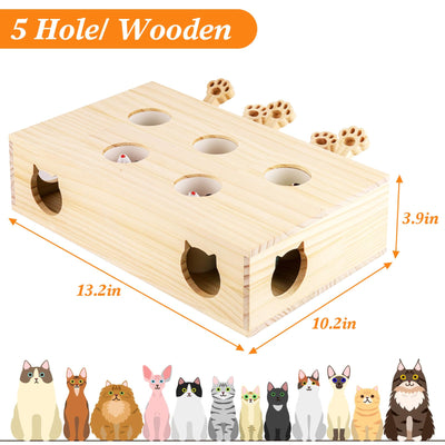 Jouet Interactif pour Chat, Jouet en Bois, Souris Taupe, Boîte de Puzzle avec Jouets pour Chats, Chasse, Jeu, Exercice, Grattage, 5 trous, Parfait pour l'exercice en intérieur et le plaisir