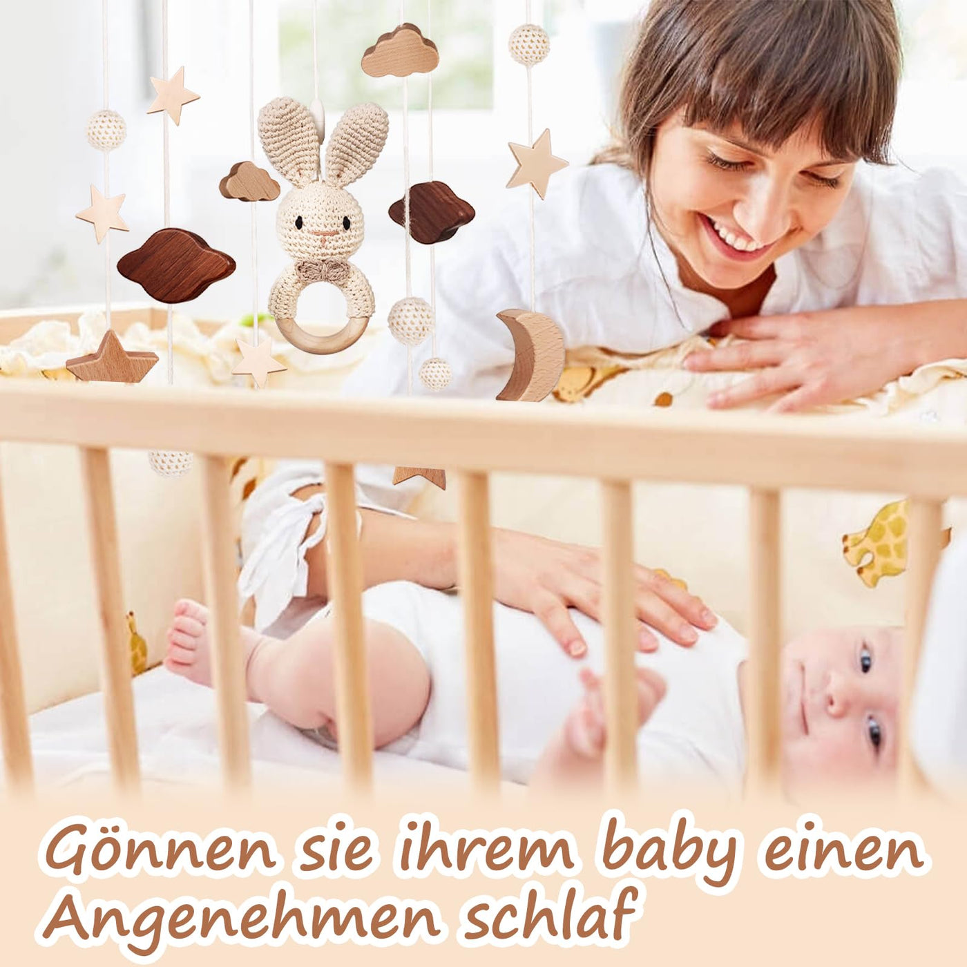 Mobile Babybettchen Bettchen Glocke Windspiel Baby mit Wolken Sterne 