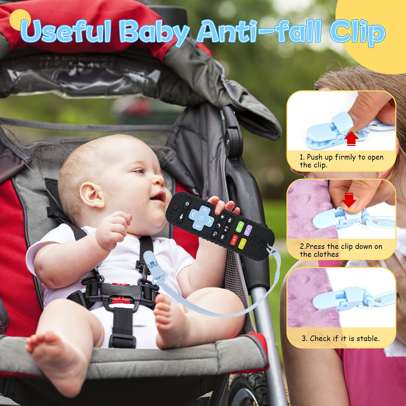 Dentition pour bébé avec télécommande, aide à la dentition en silicone sans BPA avec chaîne de tétine en silicone pour bébé