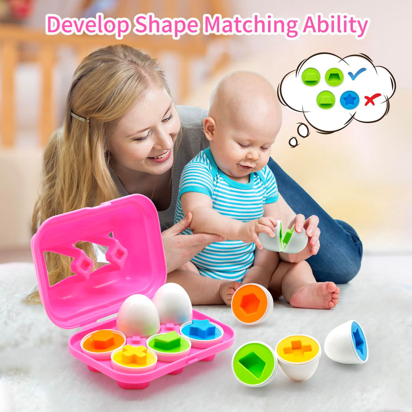 Matching Eggs for Toddlers,Egg Toys 6 Pcs Color & Shape Sorting Recognition Eggs, Early Learning Fine Motor Skill