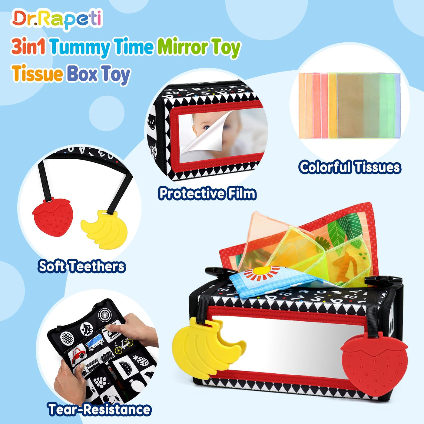 3 in1 Tissue Box Toy, Sensory Toy With Mirror, Baby Toy, High Contrast Toy, Crinkle Toy, Silk Wipes & Teether for Baby