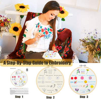 Beginner embroidery kit embroidery kit, floral design plants cross stitch kit starter tools kit with 3 pieces plastic embroidery hoop, color threads and tools,for DIY art,craft