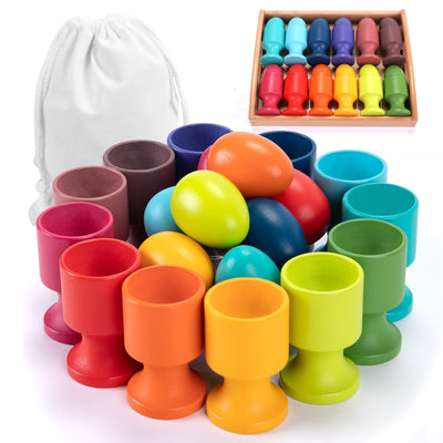 12 wooden eggs with egg cup and plate, motor skills toy, wooden color sorting game stacking game