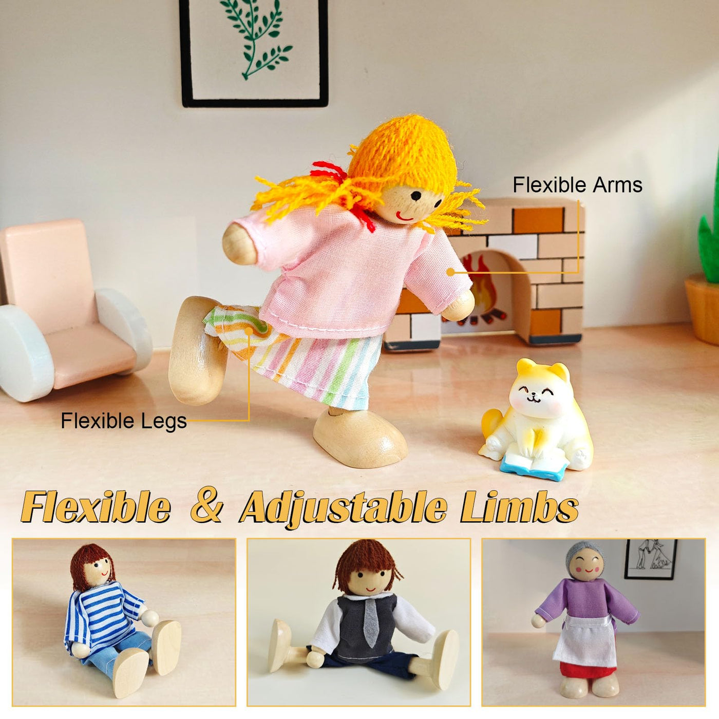 Figurines de Maison de Poupées 11 Pièces Poupées en Bois Famille Pliant des Poupées avec Chat et Chien pour Accessoires de Maison de Poupée