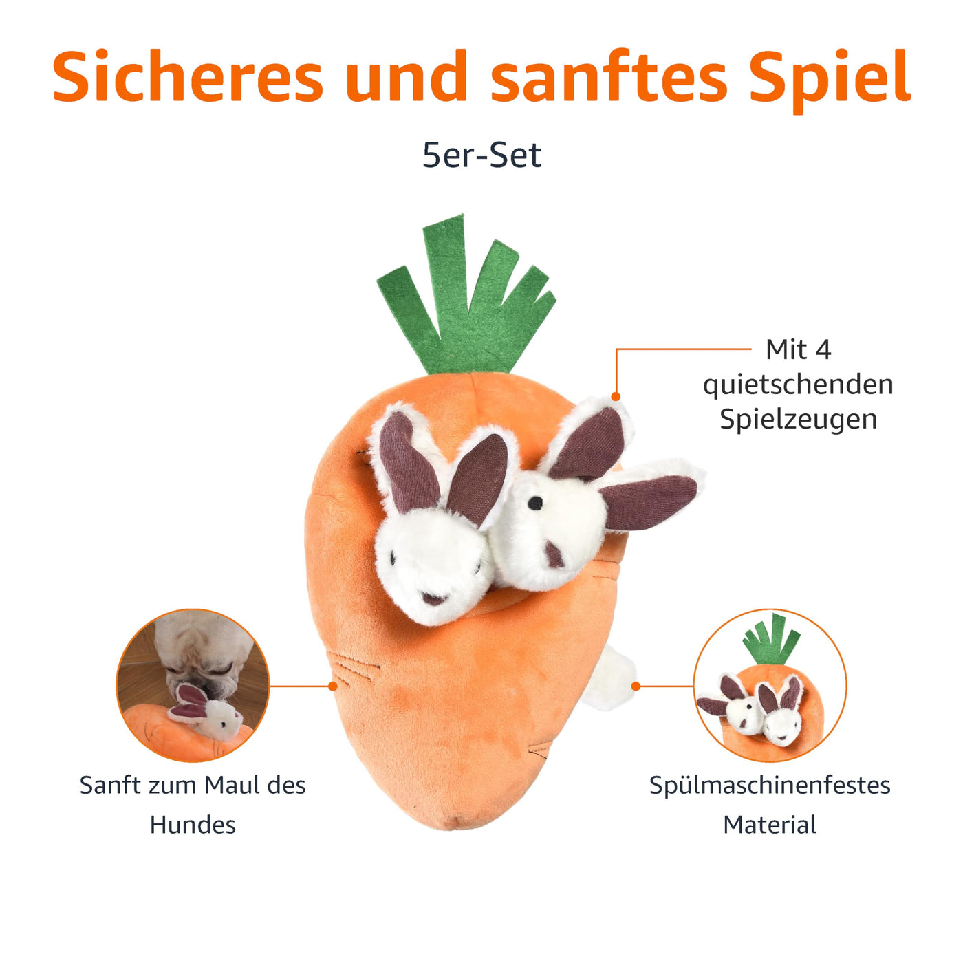 Jouets pour Chiens Peluche Cacher et Cacher Jouet de Jeu Lapin et Carotte Paquet de 5 Orange et Blanc
