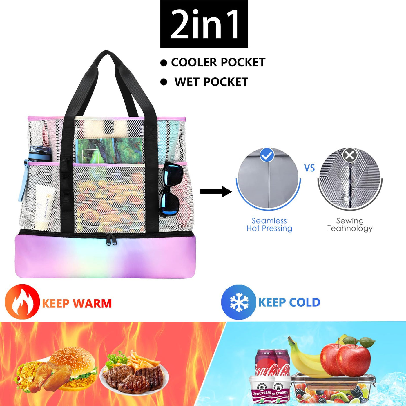 Sac de plage en maille grand pliable avec sac isotherme étanche