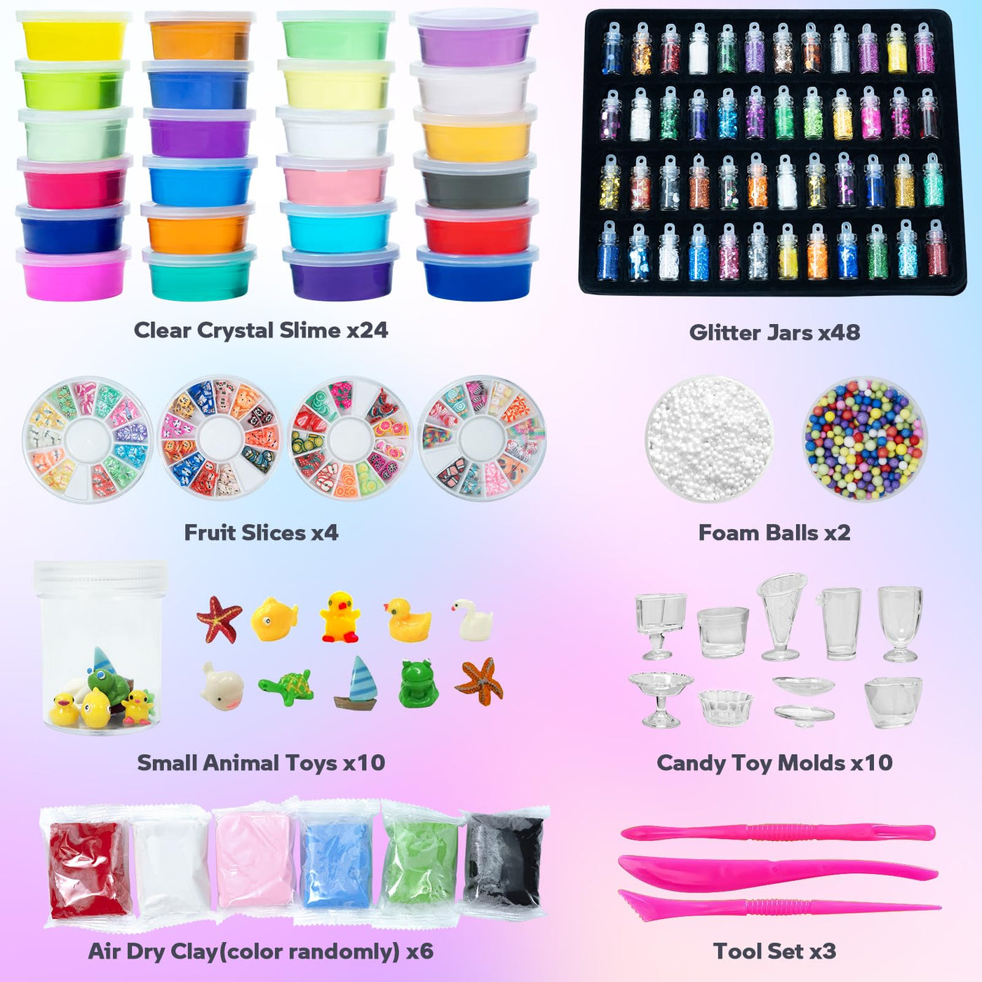 Kit Slime Fluffy - 24 couleurs de slime avec 48 poudres pailletées, accessoires slime transparents pour le bricolage des enfants