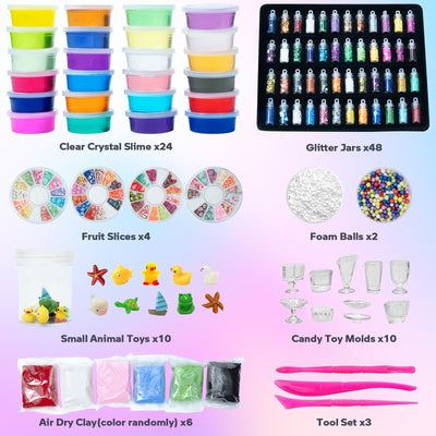 Kit Slime Fluffy - 24 couleurs de slime avec 48 poudres pailletées, accessoires slime transparents pour le bricolage des enfants