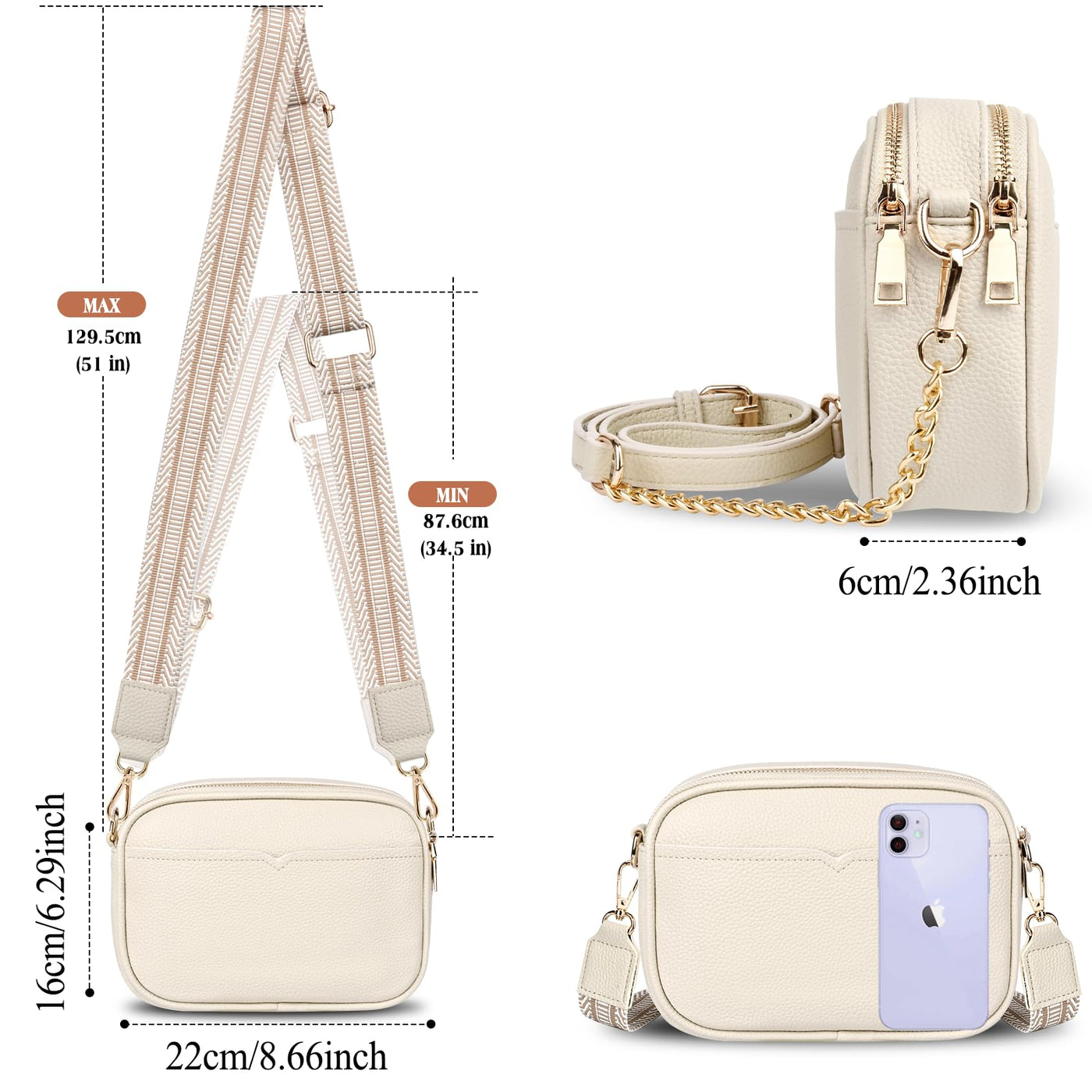 Small crossbody bag Elegant shoulder bag with 2 detachable wide shoulder straps