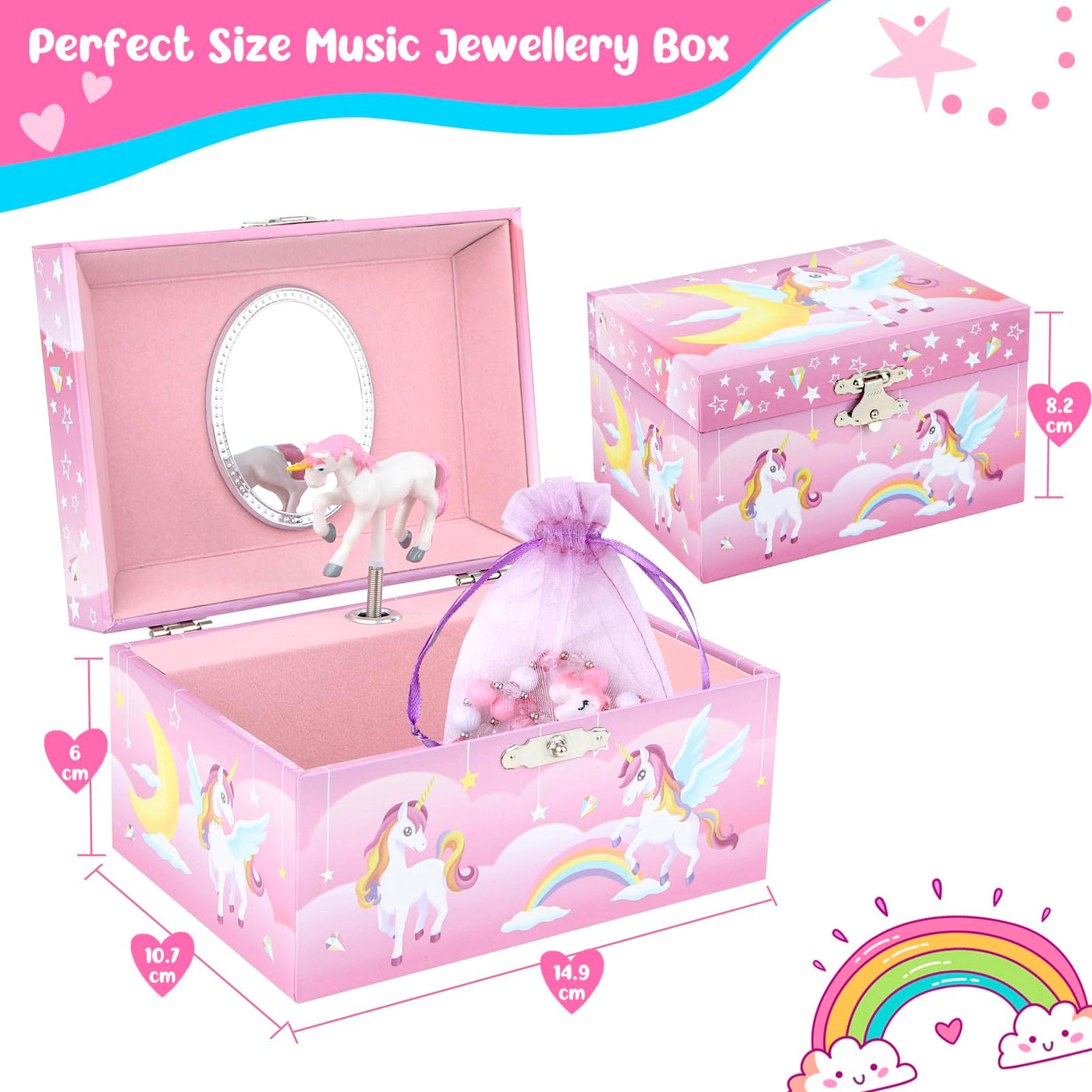 Boîte à bijoux avec boîte à musique avec ensemble de bijoux licorne, boîte à bijoux pour enfants boîte à musique avec ballerine tournante