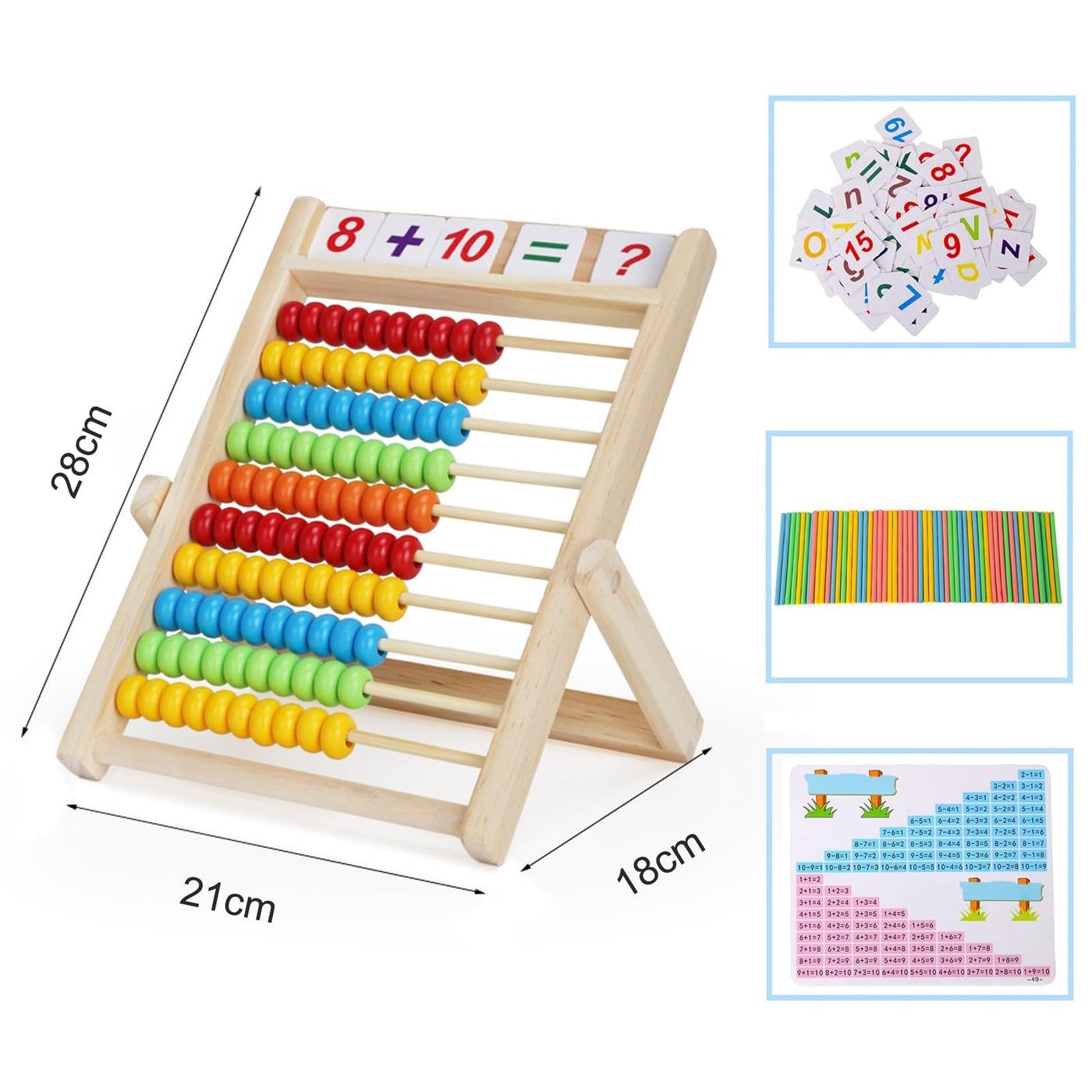 Slide rule arithmetic frame, children's elementary school abacus for counting and calculating, wooden slide rule with 100 beads, 100 counting sticks, number alphabet cards, educational toy for children