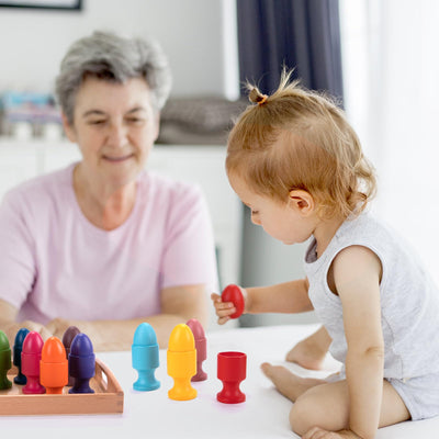 12 wooden eggs with egg cup and plate, motor skills toy, wooden color sorting game stacking game