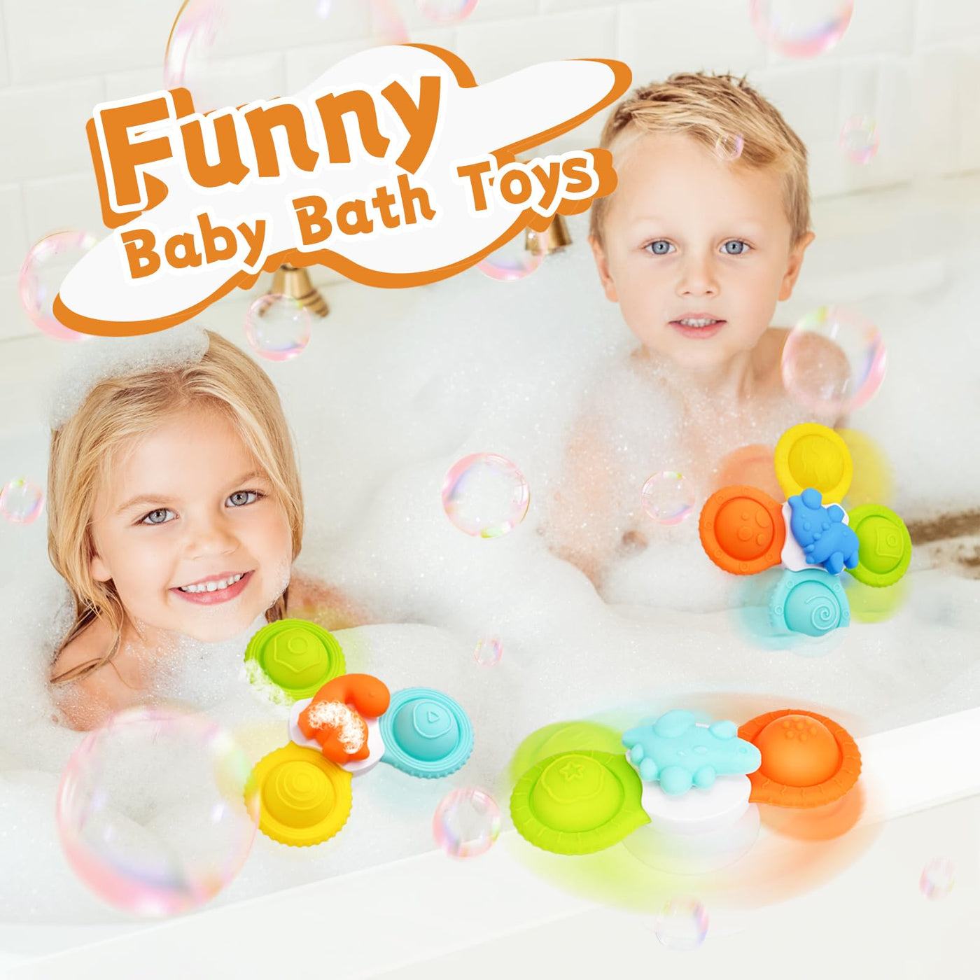 Suction cup toy baby, 3 pieces silicone baby bath toy with rotating suction cup, fidget spinner sensory toy