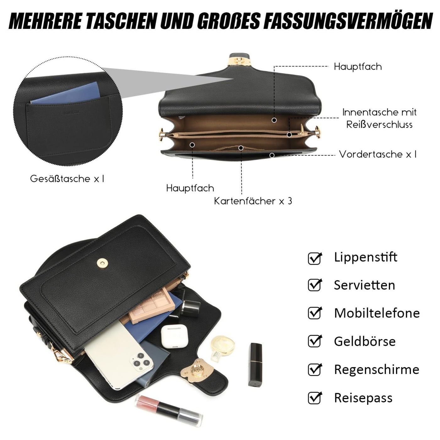 Sac à bandoulière sac de soirée pochette avec 2 bandoulières détachables fentes pour cartes de crédit