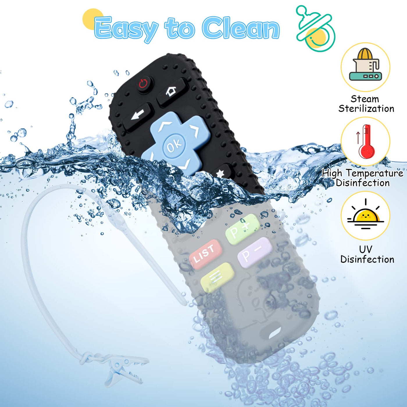 Dentition pour bébé avec télécommande, aide à la dentition en silicone sans BPA avec chaîne de tétine en silicone pour bébé