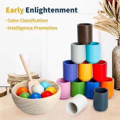 Wooden sorting stacking toy, balls rainbow wooden balls in cups, baby toys for preschool for color sorting and counting