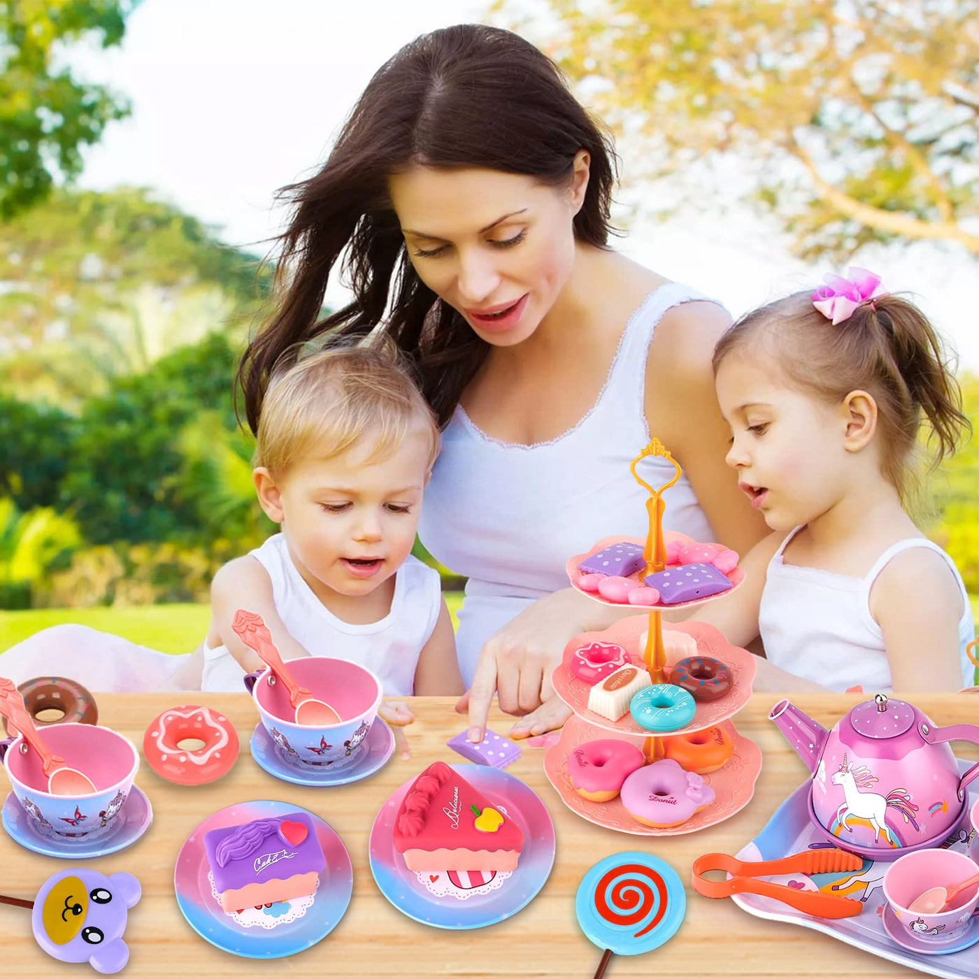 48-teiliges Teeservice für Kinder aus Metall, Teeservice für Kinder mit Einhornkoffer, Teeparty-Set für Kinder