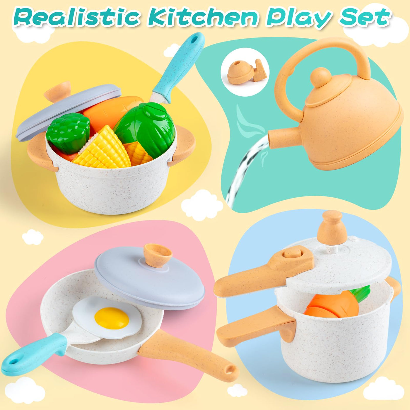 Children's kitchen accessories and pot set for role play, play kitchen accessories with cooking uniform fruit