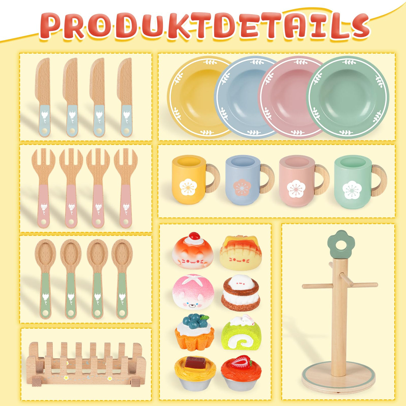 Service à Thé Accessoires De Cuisine Pour Enfants En Bois, 30 Pièces Service à Thé Accessoires de Cuisine pour Enfants en Bois avec Petits Gâteaux et Pâtisseries, Service à Thé